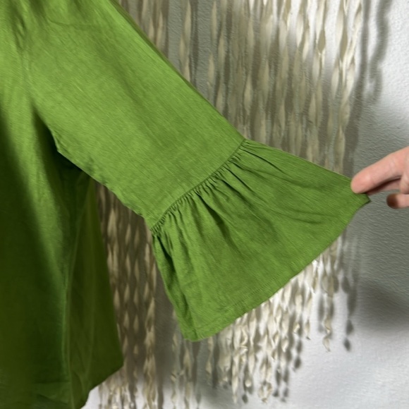 Bryn Walker Fran Round Neck 3/$ Bell Ruffle Sleeve Hi/Low Hemline Linen Shirt L - Picture 2 of 10